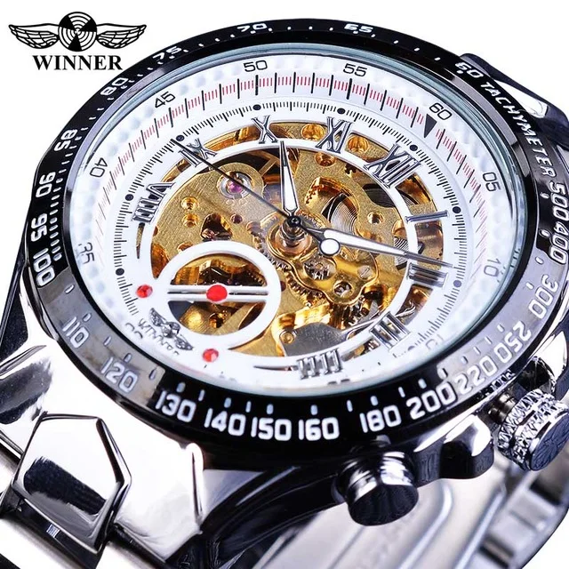
Часы наручные WINNER Мужские автоматические, брендовые роскошные золотистые повседневные механические Спортивные в стиле милитари, полностью стальные 