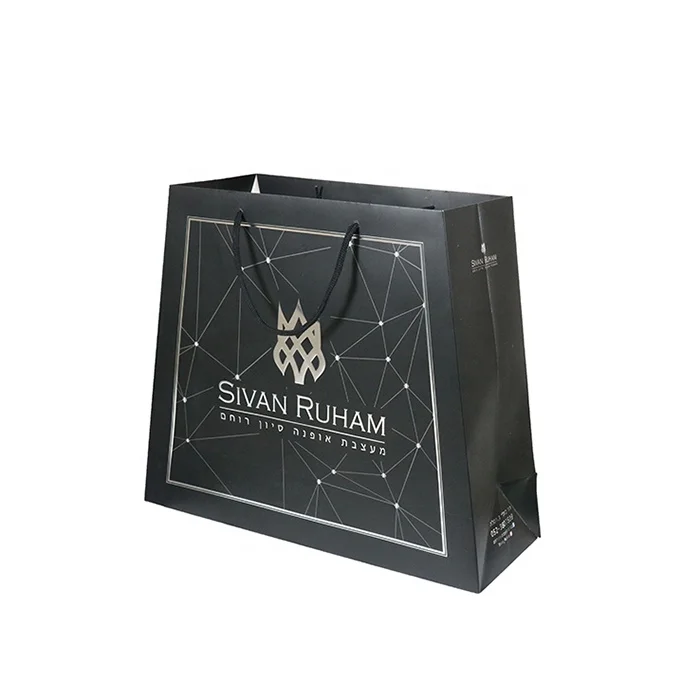 
Экологичный черный картонный бумажный пакет с золотой печатью горячего тиснения для упаковки ювелирных изделий 