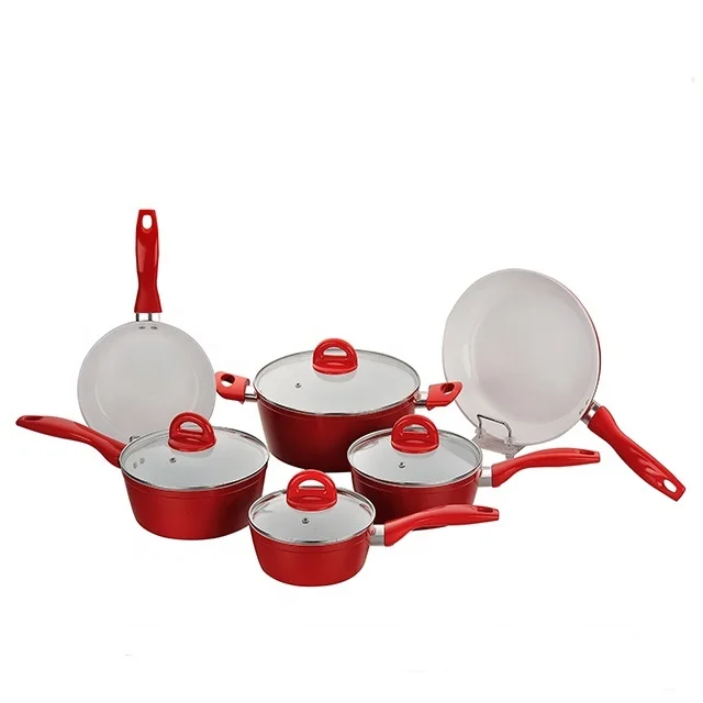Китайская Красная посуда высокого качества с белым керамическим покрытием и силиконовыми ручками, 10 шт.