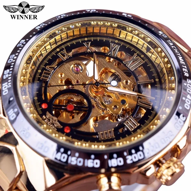
Часы наручные WINNER Мужские автоматические, брендовые роскошные золотистые повседневные механические Спортивные в стиле милитари, полностью стальные 