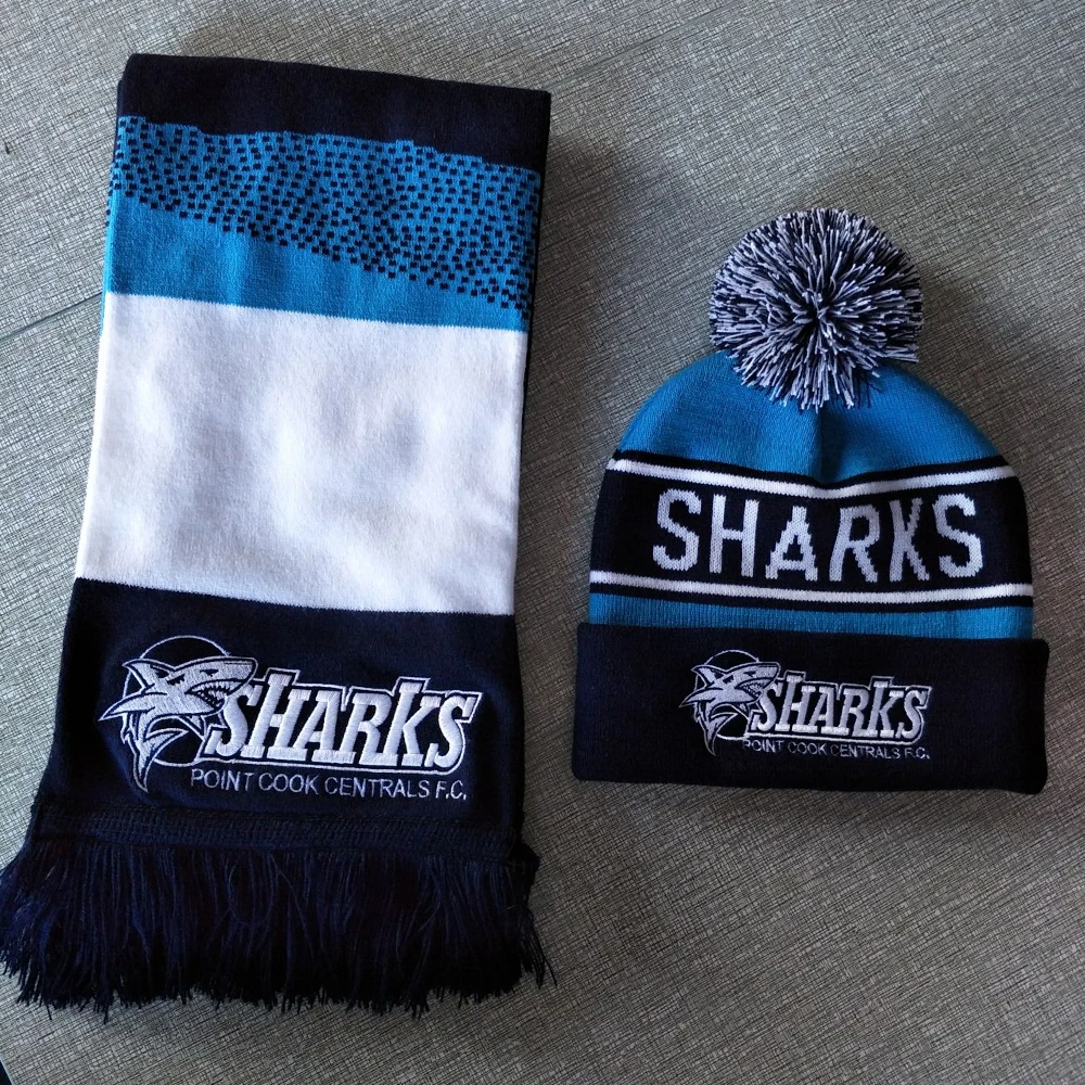 Рекламный акриловый вязаный спортивный футбольный шарф и шапки для фанатов