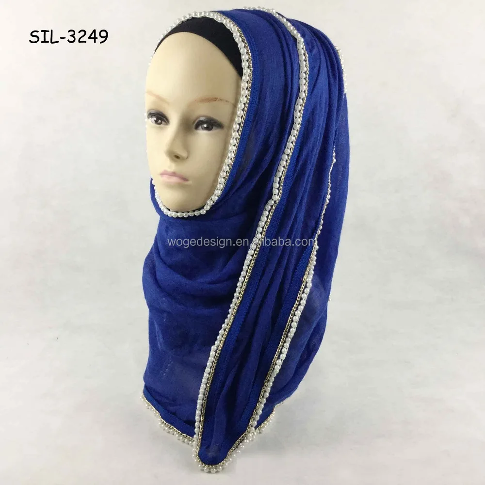 Премиум Уникальный роскошный мусульманский хиджаб с бусинами обычный однотонный хлопковый шарф жемчужной цепочкой оптовая продажа