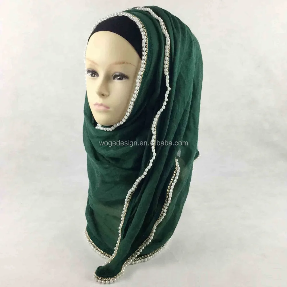 Премиум Уникальный роскошный мусульманский хиджаб с бусинами обычный однотонный хлопковый шарф жемчужной цепочкой оптовая продажа