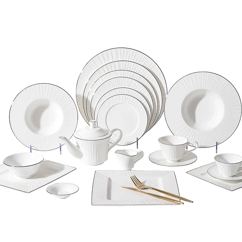 Фарфоровые столовые сервизы с серебряной окантовкой, набор фарфоровой столовой посуды, столовая посуда из костяного фарфора