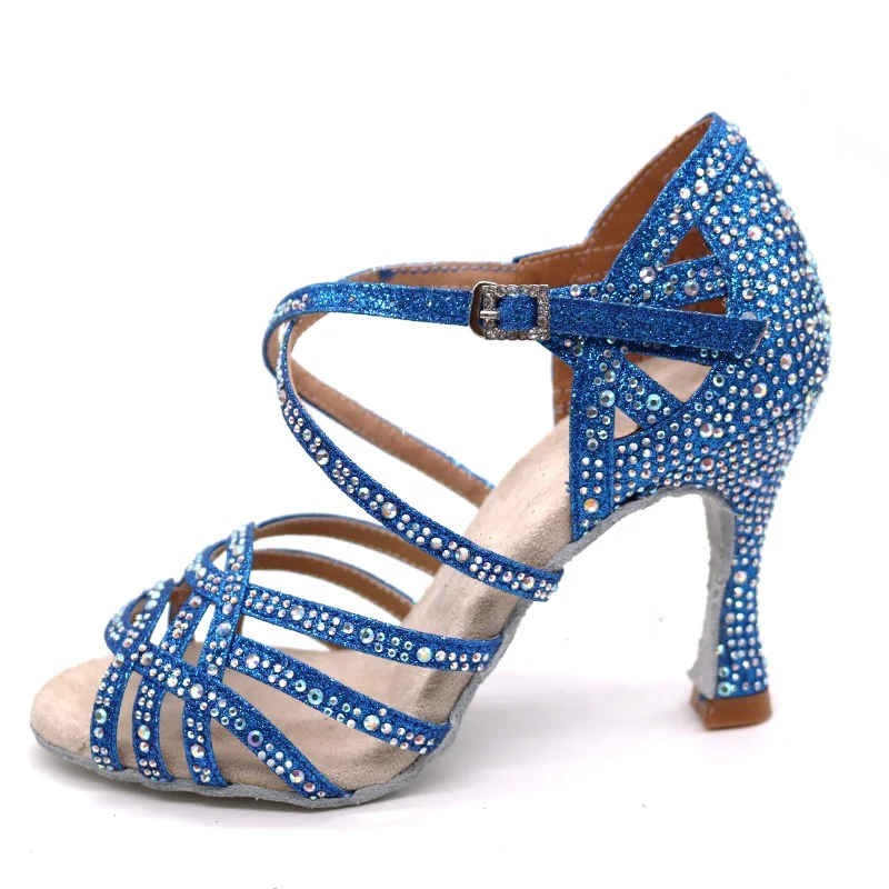 
Серебристый, голубой, латиноамериканских танцев со стразами Женская танцевальная обувь для женщин сальса обувь на высоком каблуке, украшенные жемчугом; Свадебные туфли на 9 см каблуке вальс типа «Горячий башмак» на продажу 