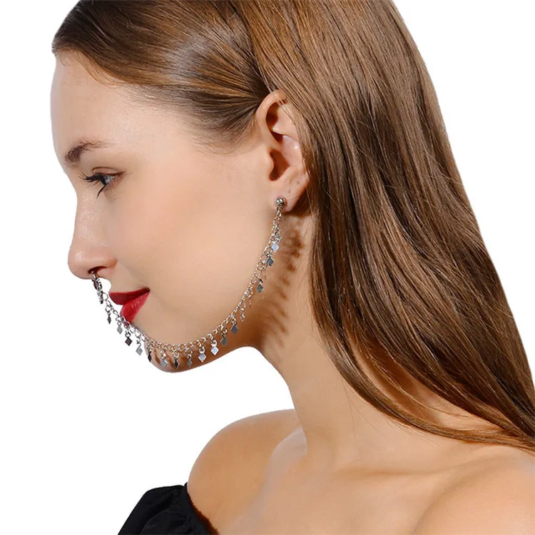 
Креативное персонализированное кольцо для носа в стиле панк с цепью, плоскогубцы для носа из медного сплава, бриллиантовая кисточка, цепочка для тела, ювелирные изделия 