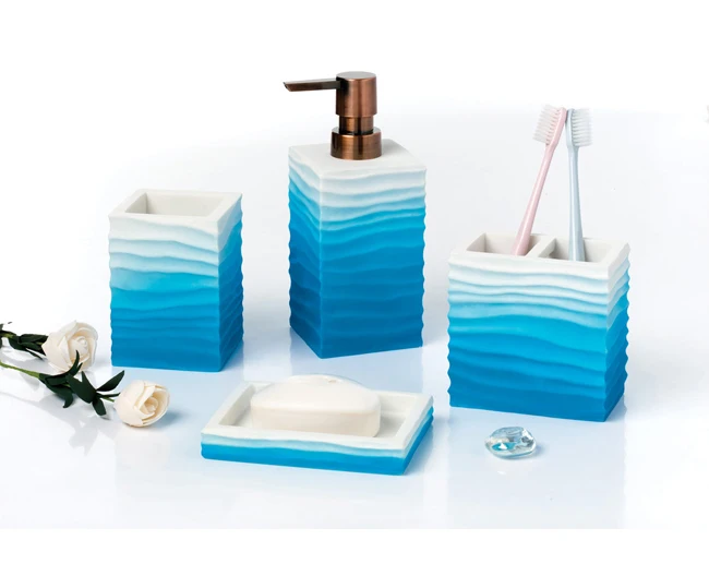 Набор из 4 предметов, голубой поликаучуковый мыльница С ВОЛНИСТЫМ ЭФФЕКТОМ, набор аксессуаров для ванной комнаты с держателем для зубных щеток