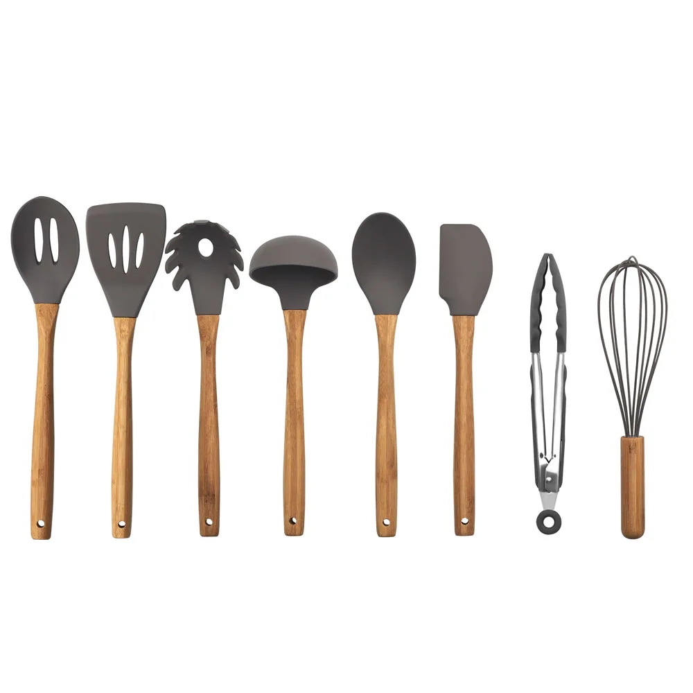 
Высококачественная силиконовая кухонная утварь, набор из 9 предметов кухонной утвари с деревянными ручками 