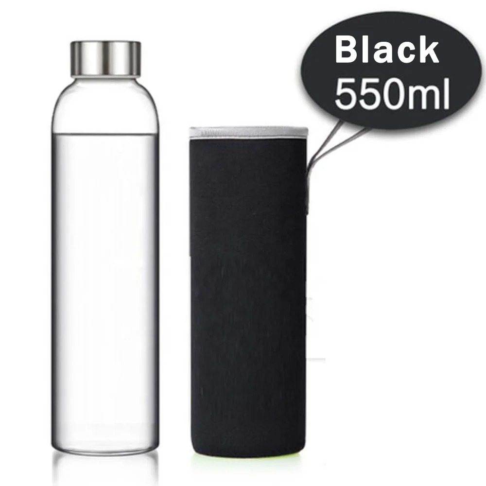 Оптовая продажа, 550 мл, небьющиеся цветные прозрачные матовые боросиликатные бутылки для питьевой воды с силиконовым рукавом
