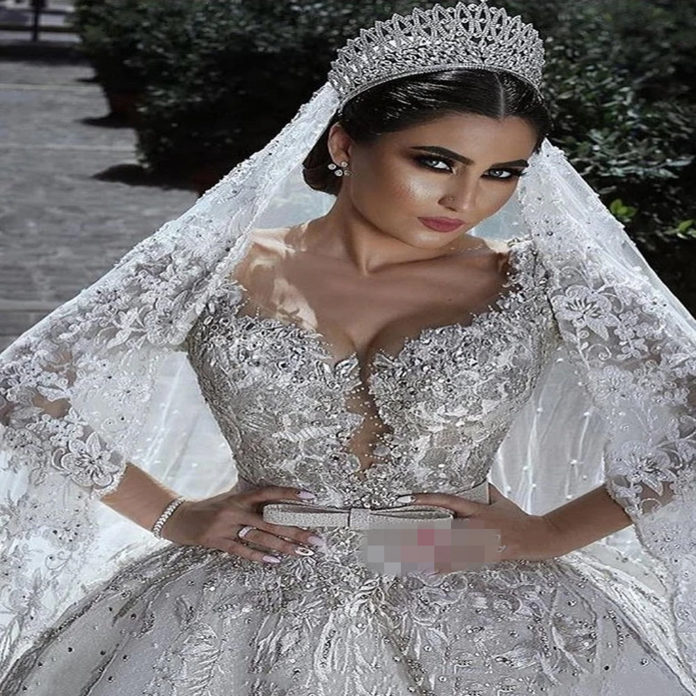 
 2020 арабское бальное платье с длинным рукавом, свадебные платья, кружевные свадебные платья с аппликацией  