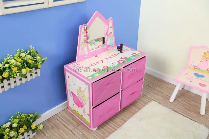 
60x29x(H)82 см причудливый деревянный детский туалетный столик в стиле принцессы с зеркалом и тканевыми ящиками 