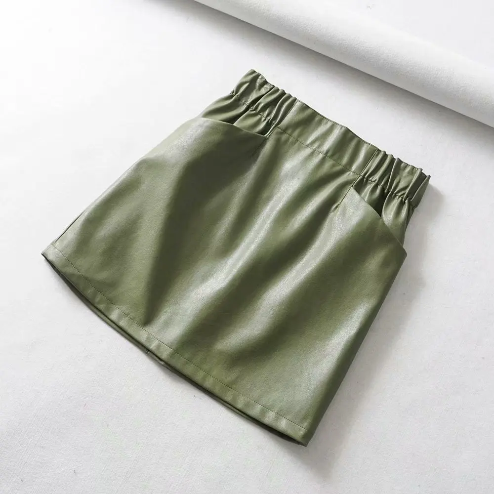
 Женская мини-юбка из ПУ кожи, с эластичным поясом и карманами  