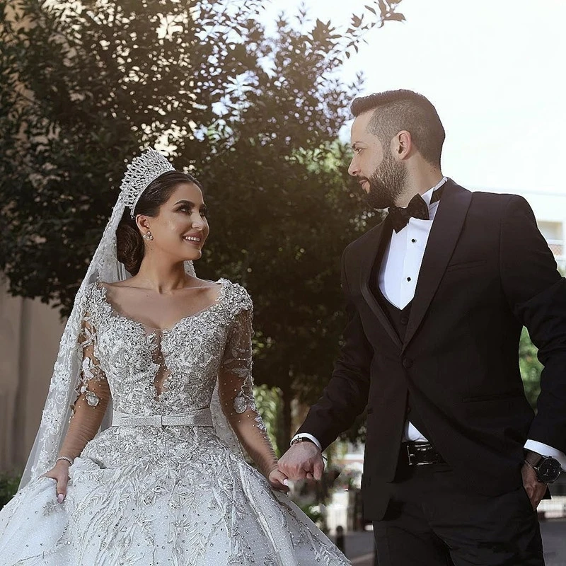 
 2020 арабское бальное платье с длинным рукавом, свадебные платья, кружевные свадебные платья с аппликацией  