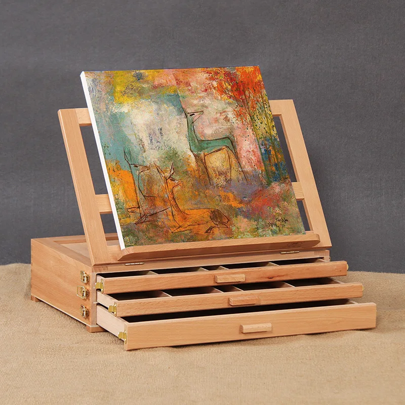 Деревянный складной мольберт для скетчей миниатюрный художественный с тремя ящиками