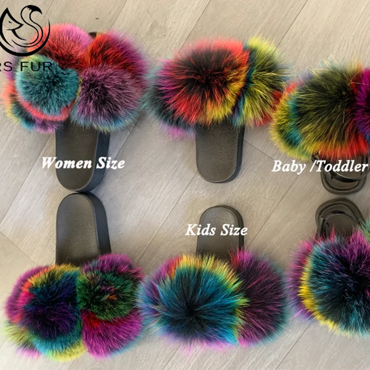 
Новейший дизайн, Необычные разноцветные Шлепанцы из лисьего меха, детские шлепанцы из меха для девочек 