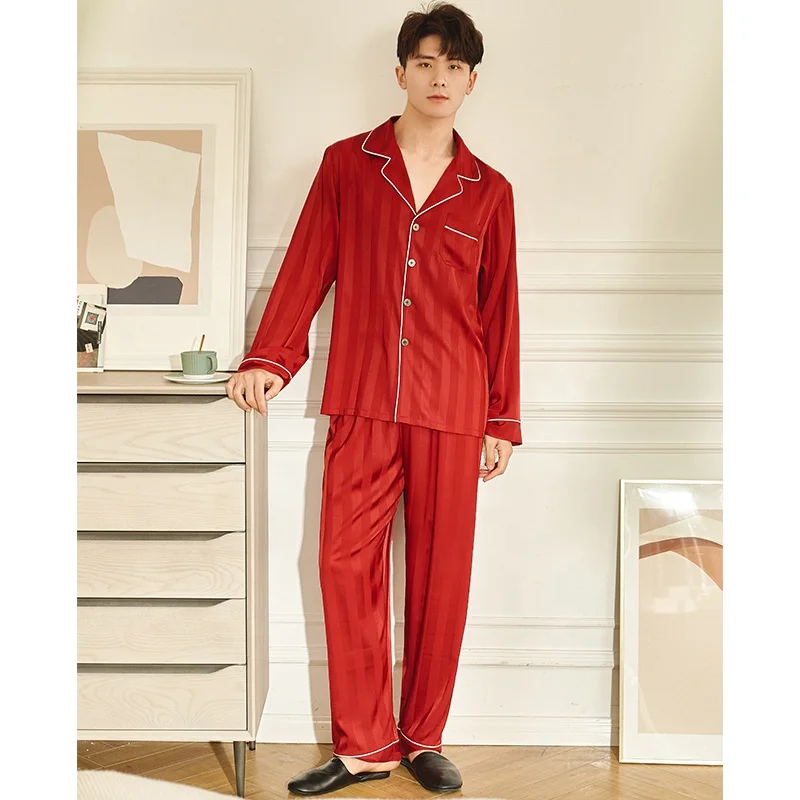 Пижама с длинными рукавами и карманами, с отложным воротником, жаккардовые Мужские пижамные штаны