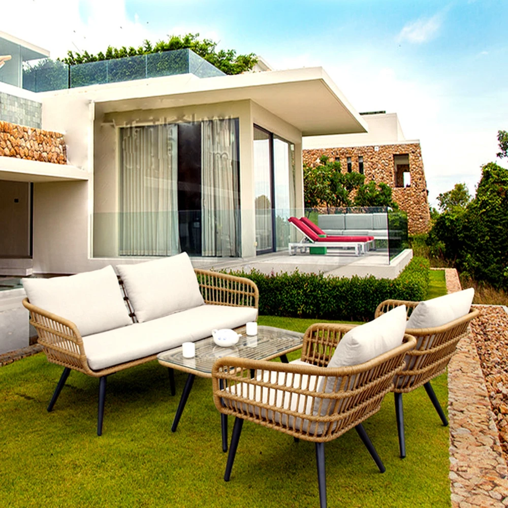 Удобный садовый балкон в европейском стиле, 4 предмета, плетеный уличный диван из тростника и ротанга, набор мебели