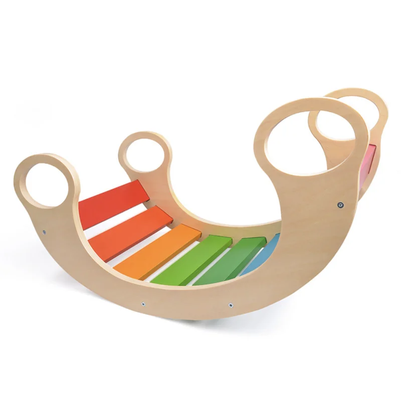 Hot selling educational jungle gym sensory toys kids rainbow arch balance wooden rocker2020
