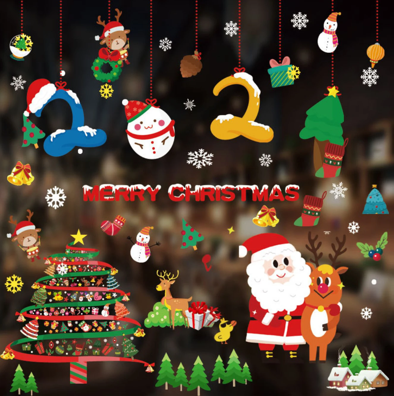 
 Рождественские и Новогодние декоративные наклейки на окно и стекло, Санта-Клаус, снежинка, олень  
