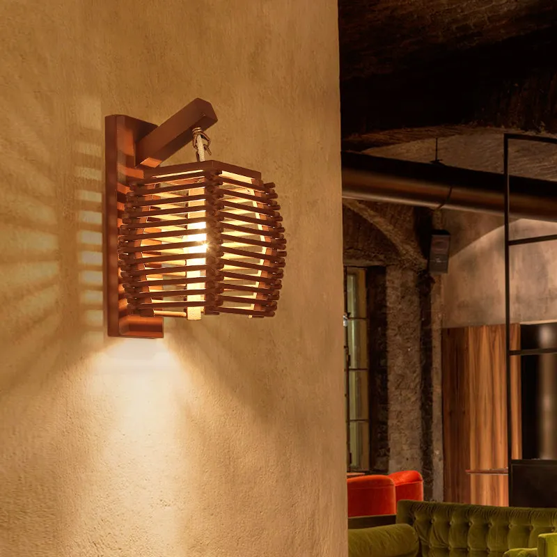 
Tonghua Vintage Wood Material Lantern Shaped Wall Lamp Traditional Decorative Corridor LED Edison Bulb Wall Light 