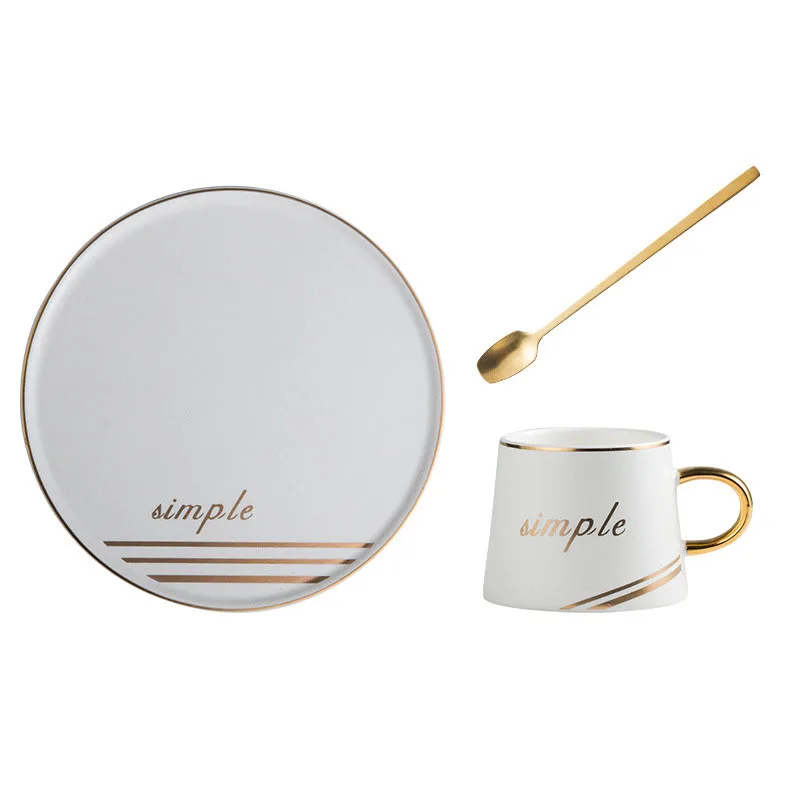 New wholesale tea coffee cup set golden handle ceramic cup set with saucer and spoon 200ml