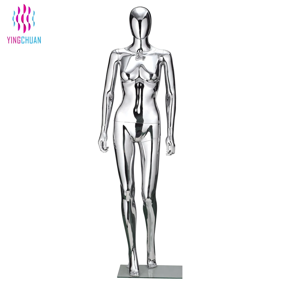 Пластиковый серебристый хромированный женский стоячий манекен