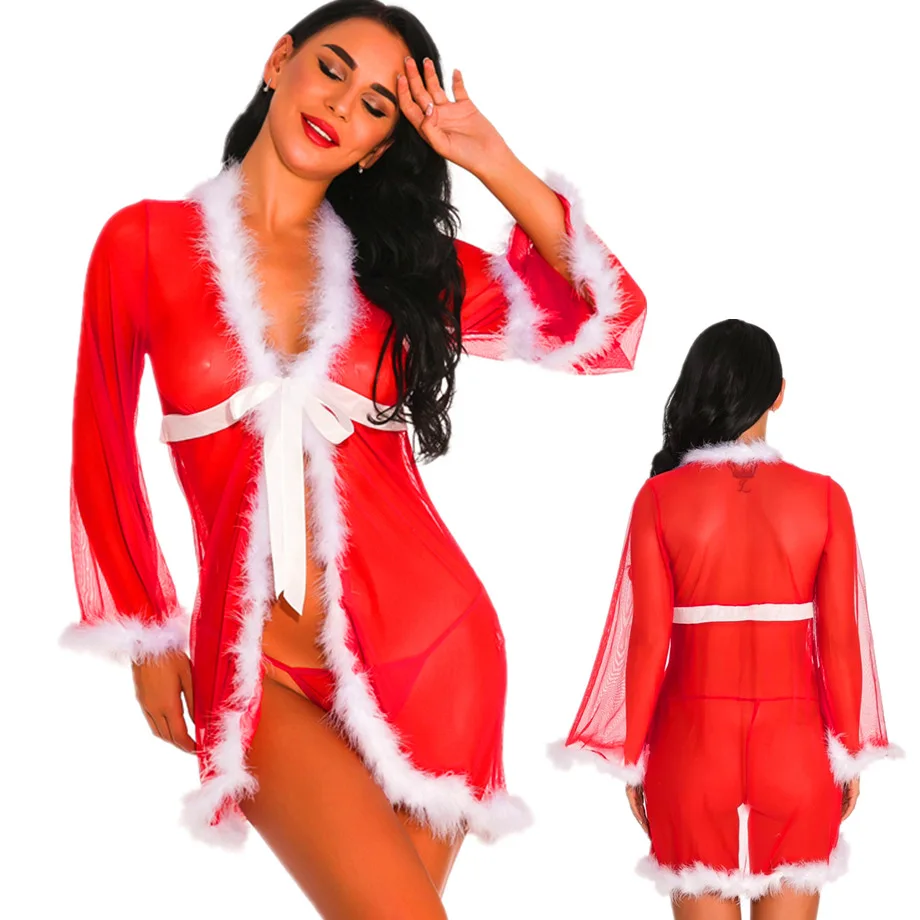 Hot sale erotic lingerie Christmas see-through robe bikini sexy lingeries