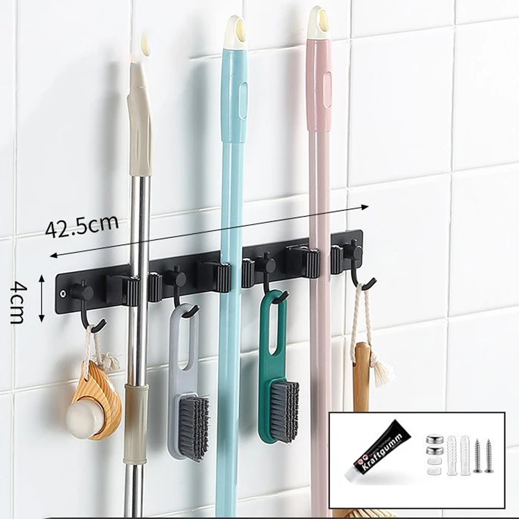 With Hook Tool Holder Organizer Stainless Steel Self Adhesive Wall Mount Mop Black Broom Holder