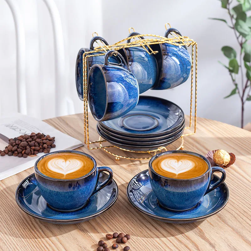 Подарочный набор из 6 штук глазури Европейского цвета 300 мл керамические черные фарфоровые чашки для капучино кофе чая и блюдца
