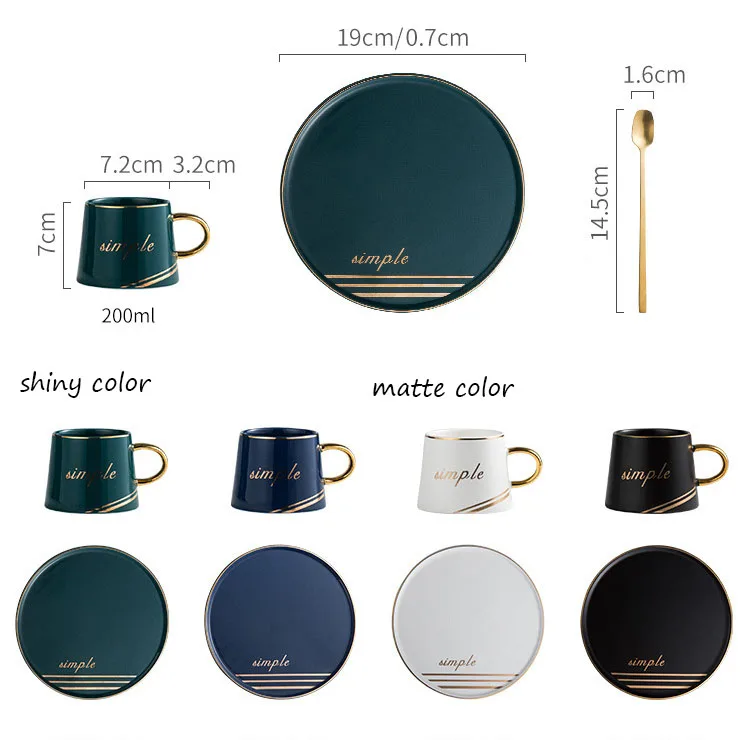 New wholesale tea coffee cup set golden handle ceramic cup set with saucer and spoon 200ml