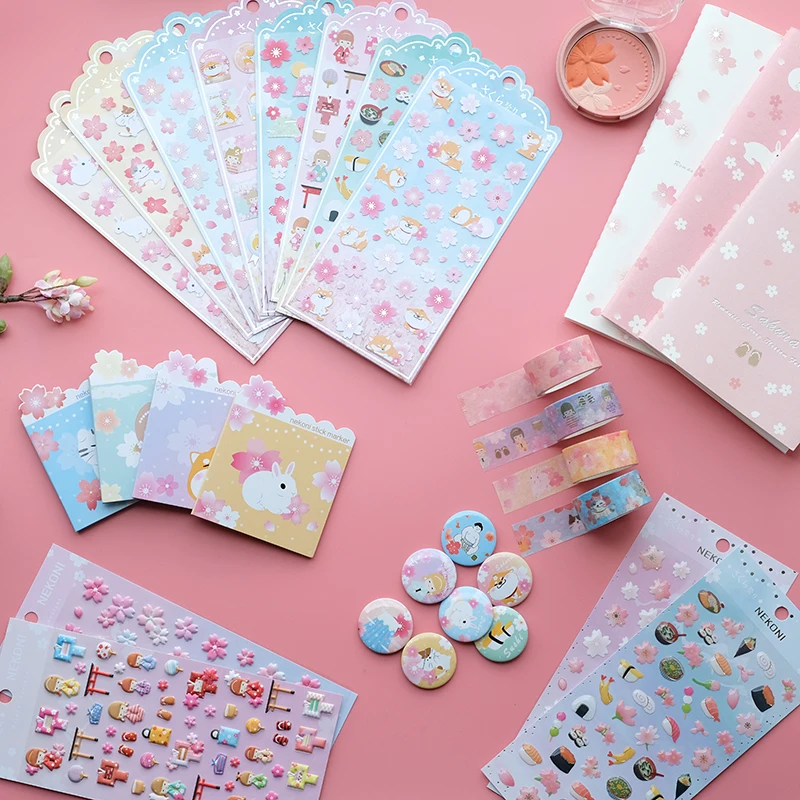 Nekoni Notebook Note Books Sakura Festival with Grid Paper 210mm x 110mm, 32 Sheets/64 Pages Per Pad for Handbook
