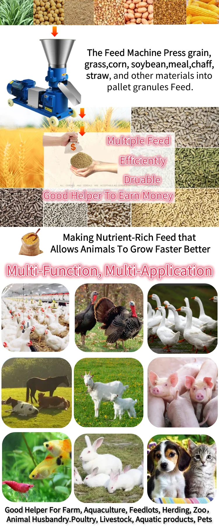 Poultry fish mini animal food pelet chicken feed pellet making press granulator pelletizer peletizadora mill processing machines