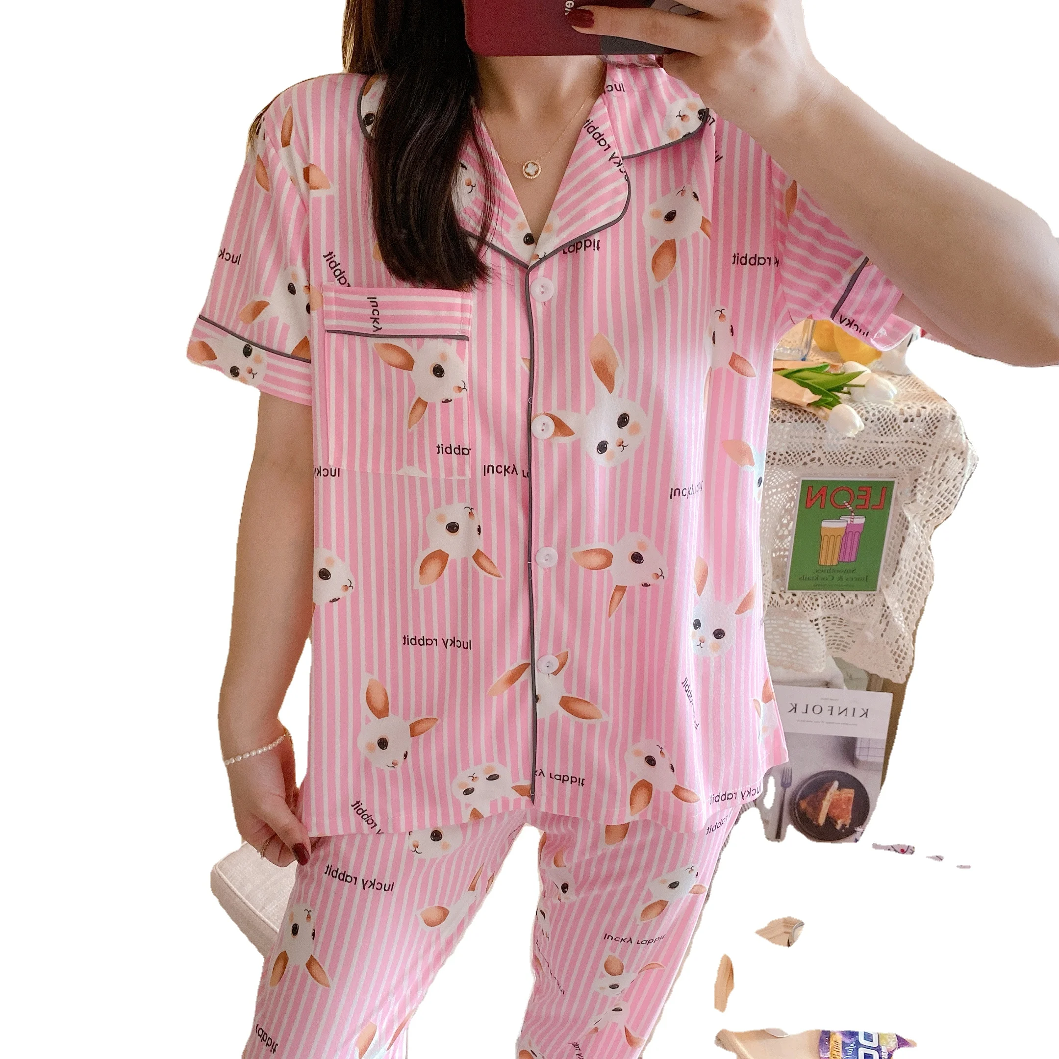 
 Женский кардиган с лацканами и пуговицами, пижамный комплект из 2 предметов, Повседневная тонкая домашняя пижама из молочного шелка с принтом и короткими рукавами  