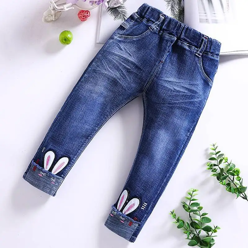 Новые модные милые повседневные длинные брюки с вышивкой в Корейском стиле на весну и осень, детские джинсовые брюки на заказ для девочек