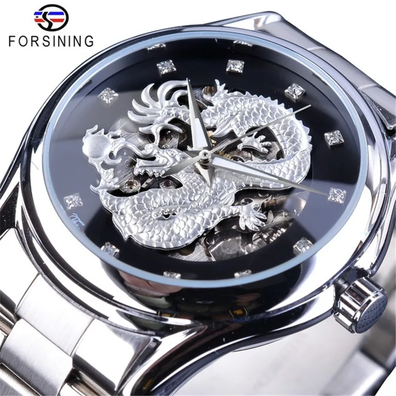 
Часы наручные Forsining Мужские автоматические, дизайнерские светящиеся с серебристым драконом, с перфорацией, из нержавеющей стали 