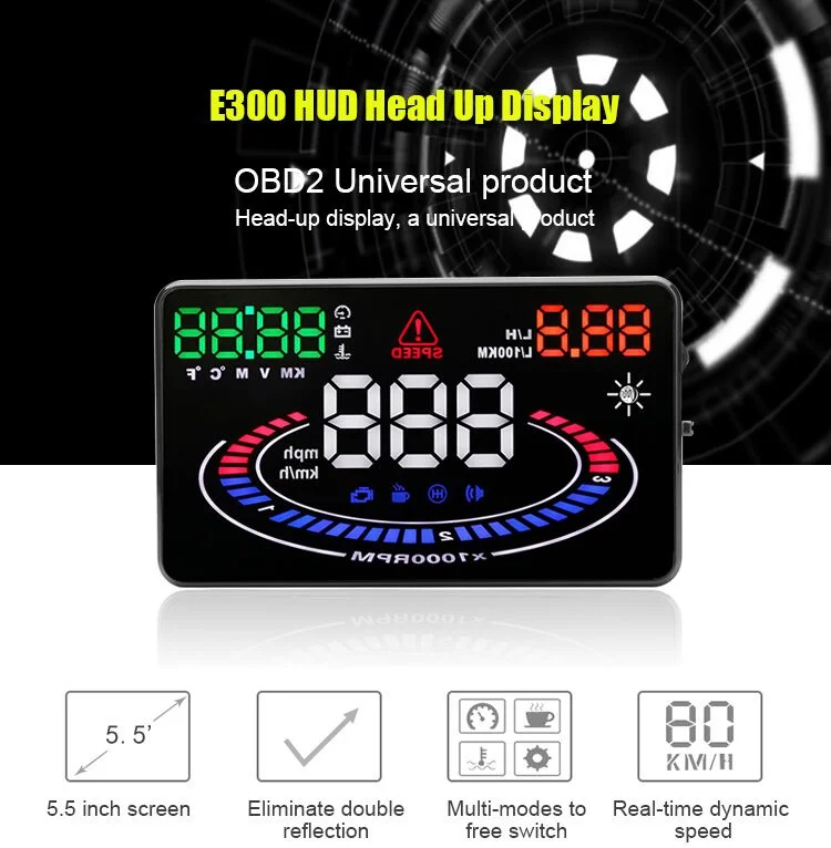 5.5inch OBD2 Car Diagnostic Tool Car HUD E300 Mirror Head up Display Speed RPM Volt Water Temp Projector LED Channel Reflector