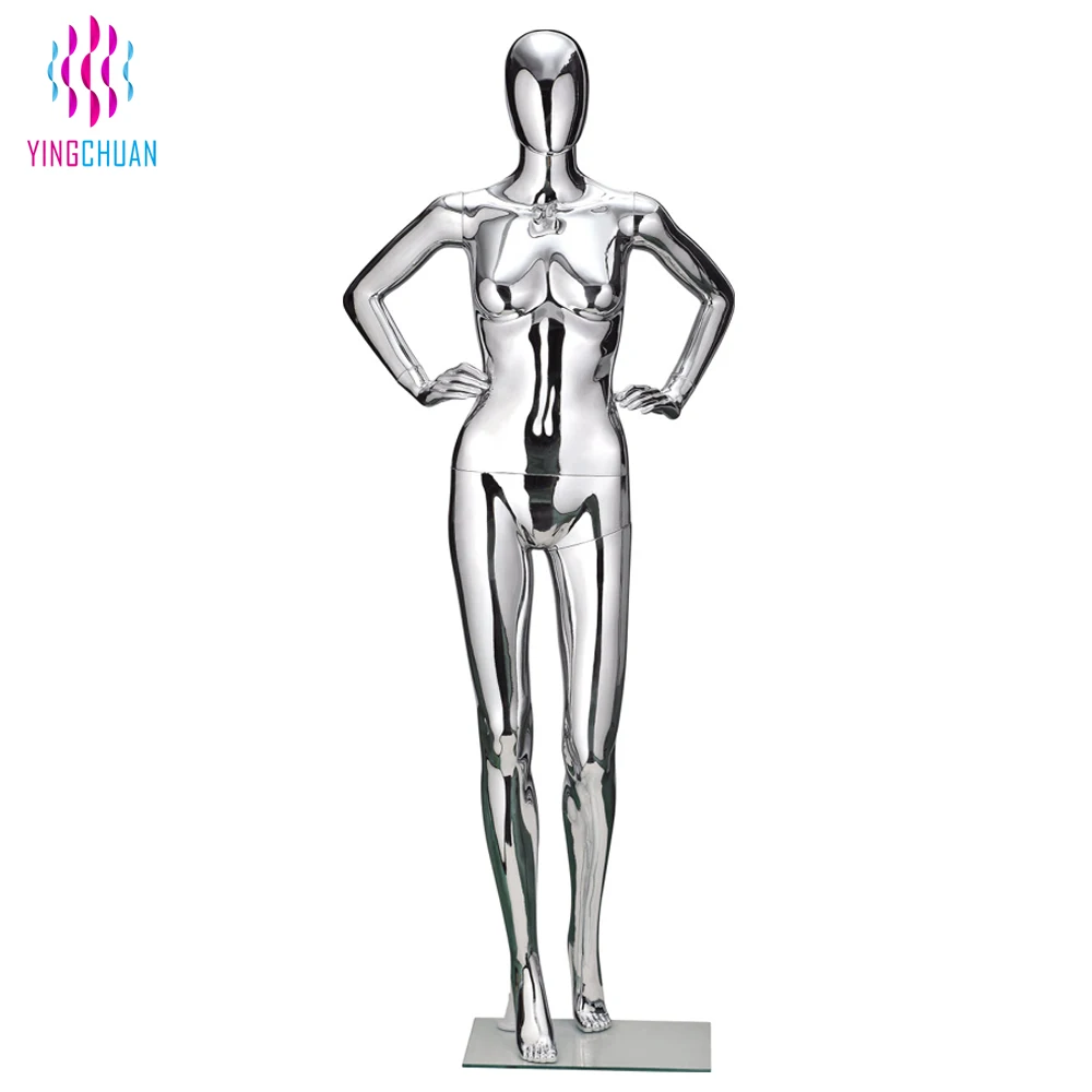 Пластиковый серебристый хромированный женский стоячий манекен