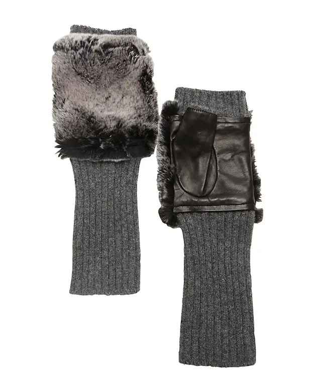 Модные женские кожаные вязаные кашемировые перчатки без пальцев с мехом