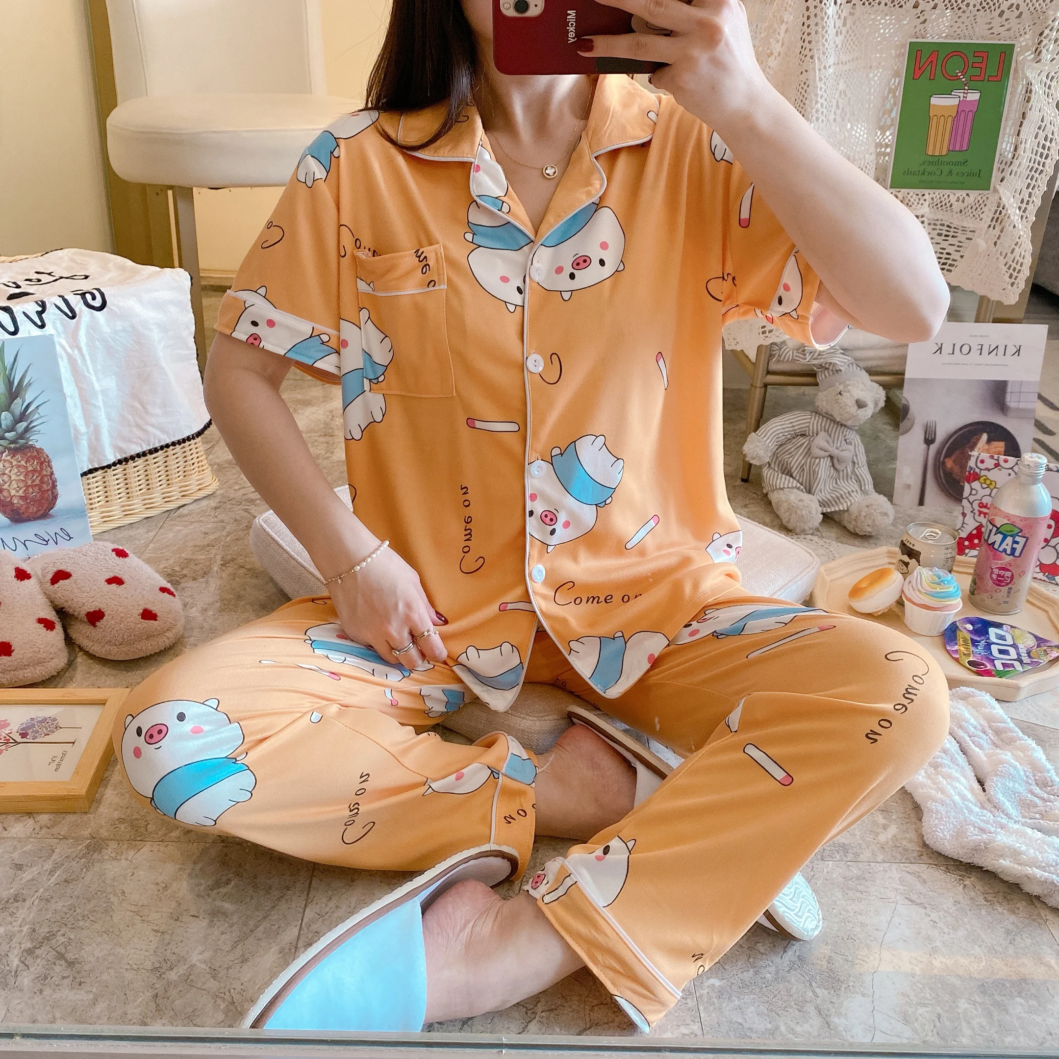 
 Женский кардиган с лацканами и пуговицами, пижамный комплект из 2 предметов, Повседневная тонкая домашняя пижама из молочного шелка с принтом и короткими рукавами  