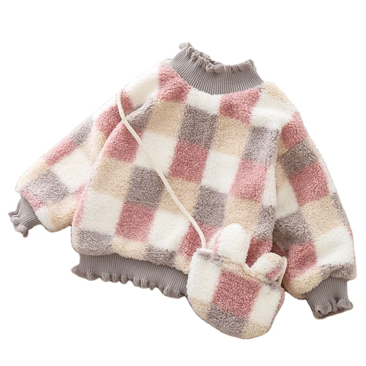
 Зимняя плотная детская одежда KBE94002, флисовый пуловер с рукавами «летучая мышь», клетчатая детская одежда, свитшот для девочек с сумкой  
