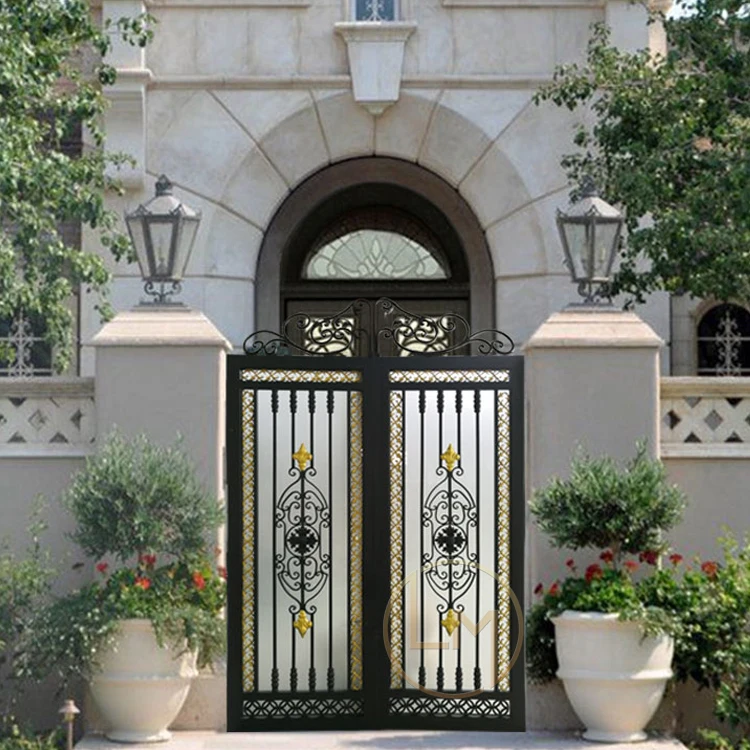 Роскошная Стильная черная дверь для внутреннего дворика с защитой от ржавчины, железные ворота с морозным стеклом для виллы