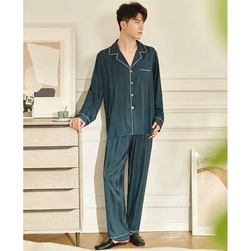 Пижама с длинными рукавами и карманами, с отложным воротником, жаккардовые Мужские пижамные штаны