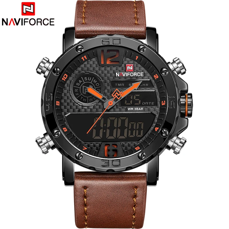 
 NAVIFORCE 9134 пользовательские двойной дисплей наручные часы Аналоговые кожаные водонепроницаемые спортивные цифровые часы для мужчин  