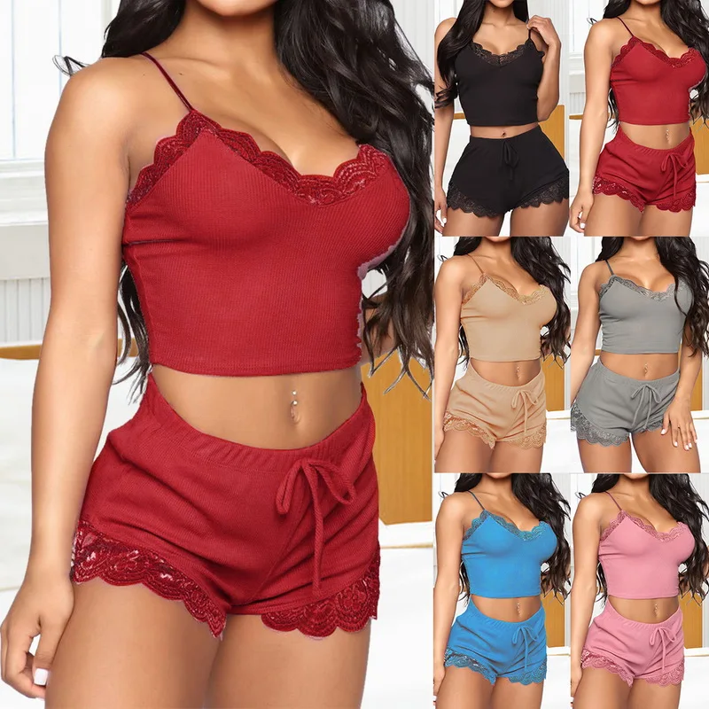 hot women two pieces sleepwear cami and shorts set lace v neck nightwear satin silk fabric pajamas