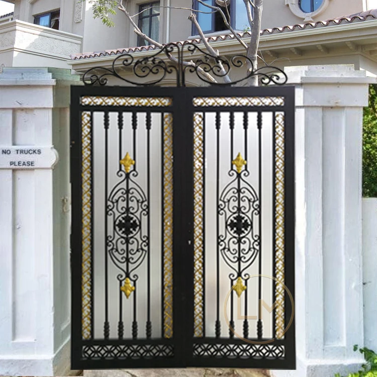Роскошная Стильная черная дверь для внутреннего дворика с защитой от ржавчины, железные ворота с морозным стеклом для виллы