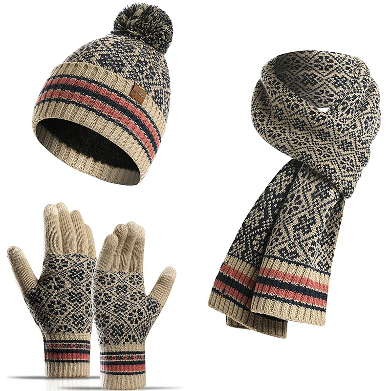 Женский модный зимний теплый вязаный шарф, теплый шерстяной Комплект из трех предметов, шапка, шарф и перчатки