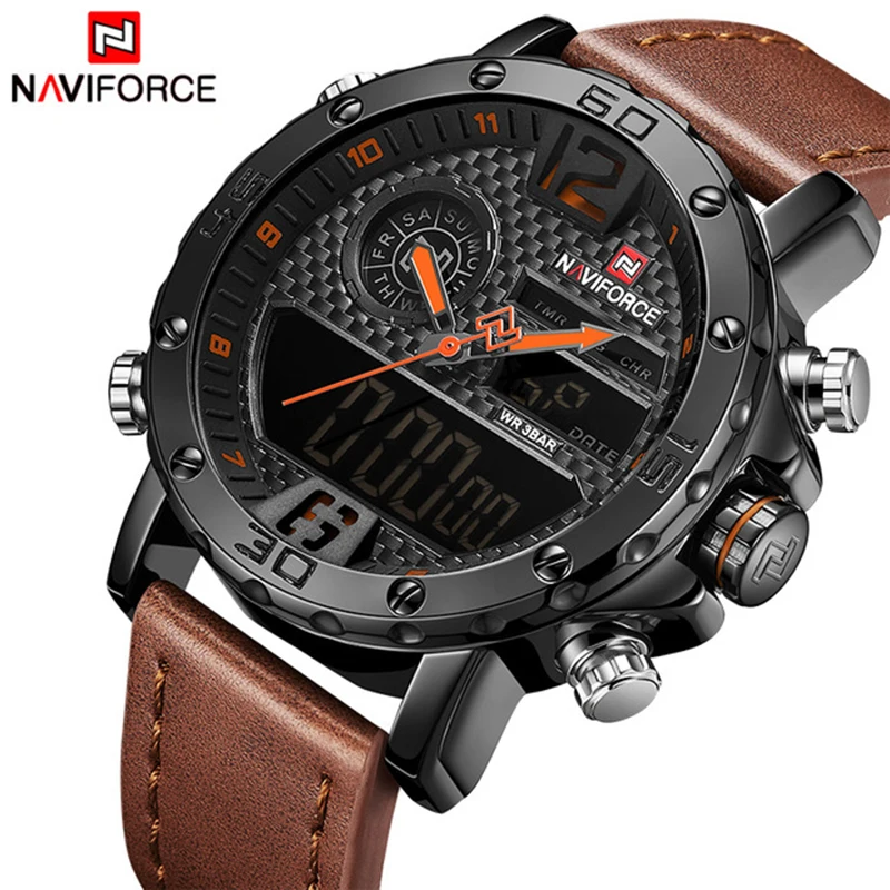 
 NAVIFORCE 9134 пользовательские двойной дисплей наручные часы Аналоговые кожаные водонепроницаемые спортивные цифровые часы для мужчин  