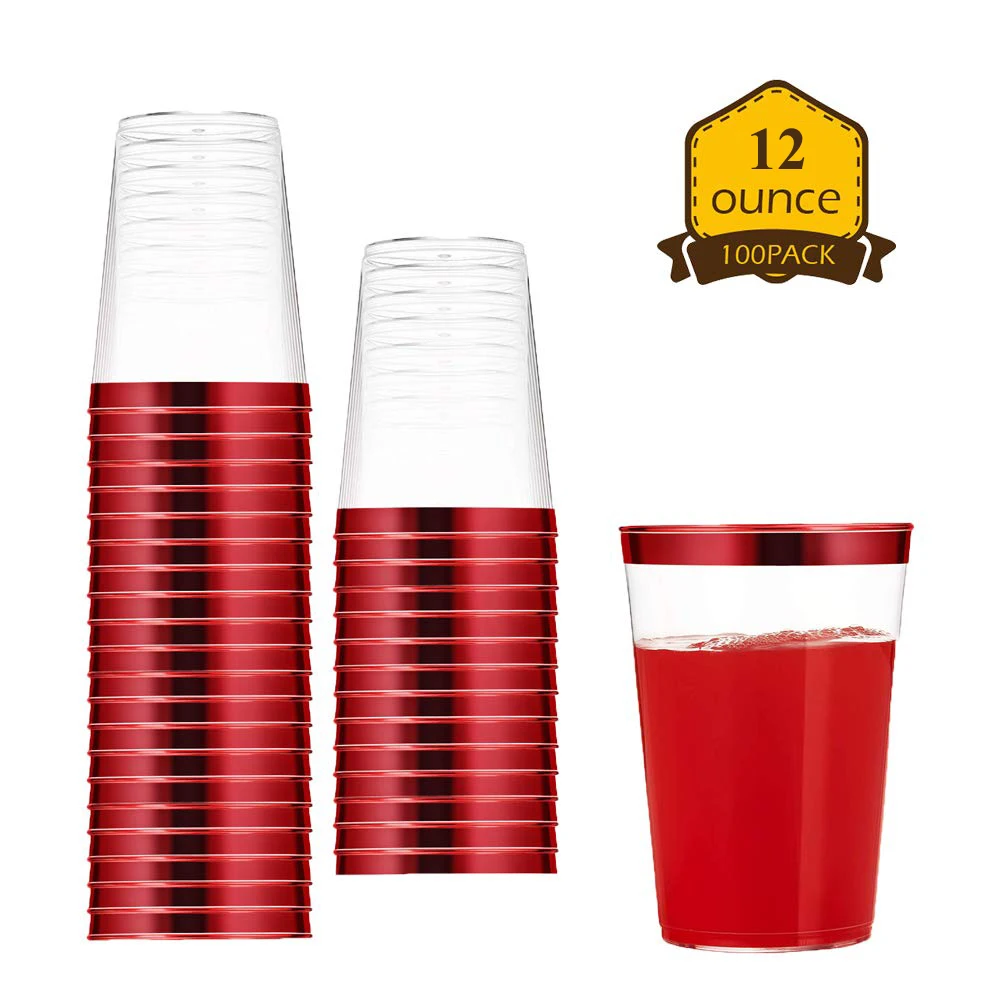 
 Пластиковые одноразовые чашки 12 унций с красным ободом для вечеринки и свадьбы, десертные чашки с черным ободом  