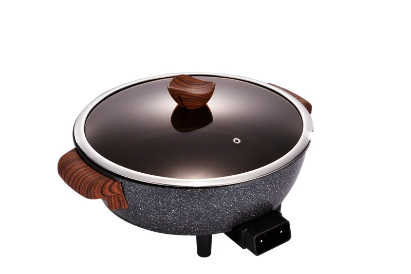 Электрический антипригарный горшок для приготовления пищи с круглой черной каменной деревянной ручкой, 32 см