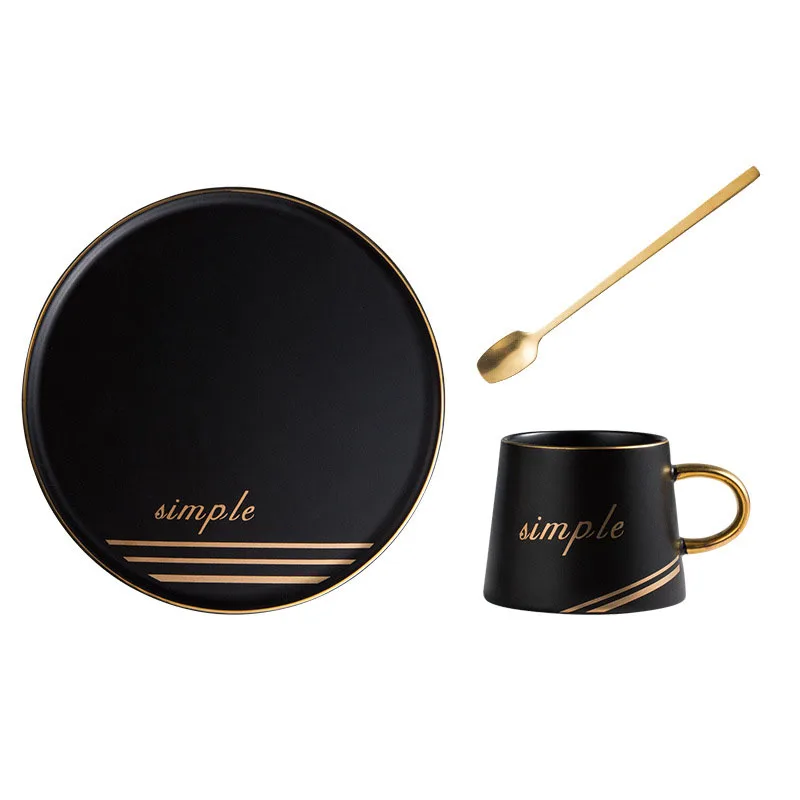 New wholesale tea coffee cup set golden handle ceramic cup set with saucer and spoon 200ml